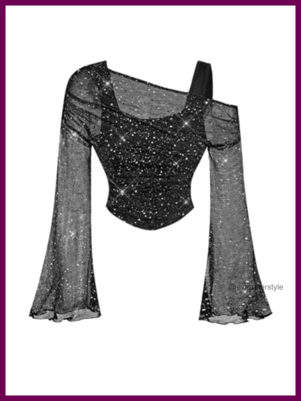 Women's Sequin Mesh Long Bell Sleeve 2 in 1 Asymmetrical Top Y2K Party